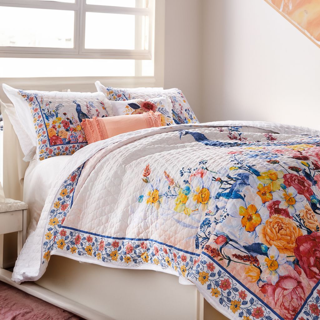 Tess Microfiber 3 Piece King Quilt Set, Peacock, Floral Print, Multicolor - View 7