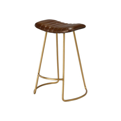 Counter Stool with Leatherette Vertical Channel Stitching, Brown and Antique Brass - View 3