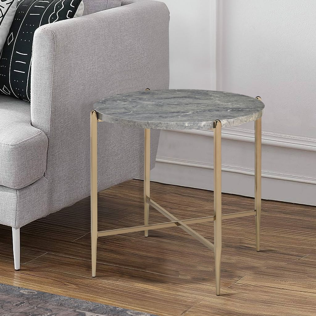 End Table with Oval Marble Top and X Shaped Support, Gray and Gold - View 7