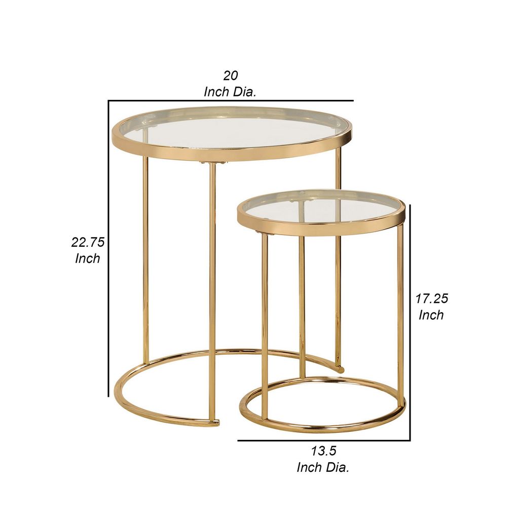 23 Inch Round Nesting Tables, Glass, Metal Base, Set of 2, Gold, Clear - View 5