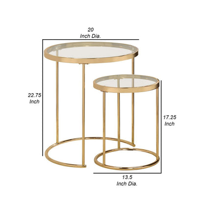 23 Inch Round Nesting Tables, Glass, Metal Base, Set of 2, Gold, Clear - View 5