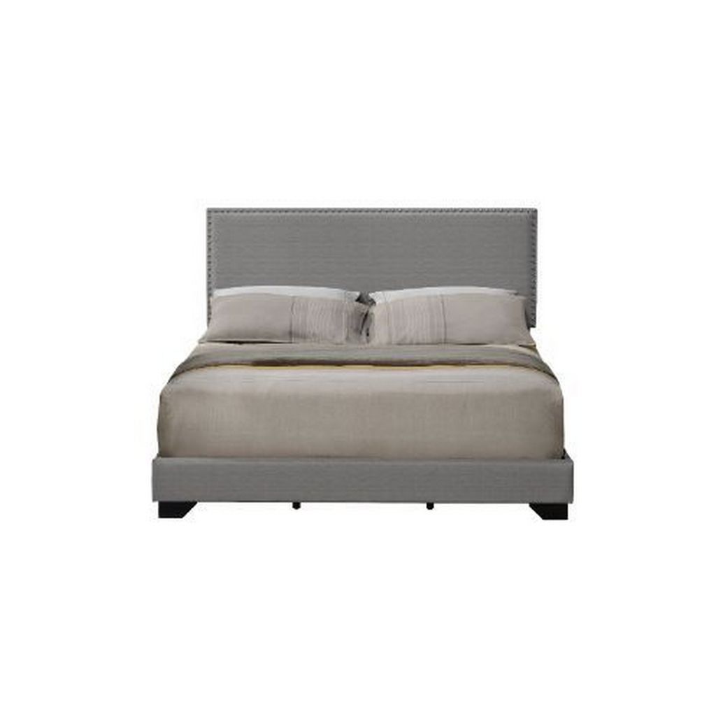 Queen Size Bed with Fabric Upholstery and Nailhead Accent, Gray - View 3