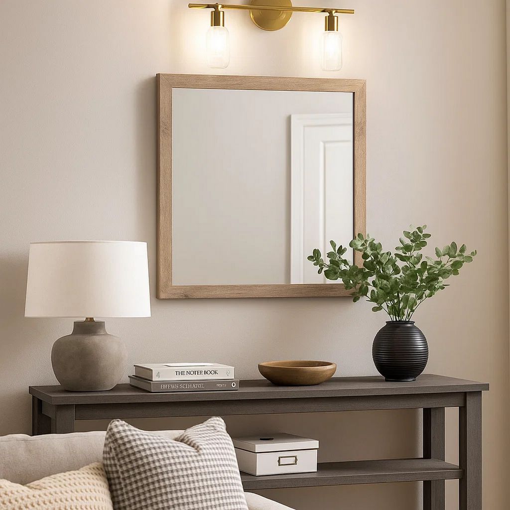 Square Shaped Wooden Mirror with Rough Hewn Texture, Brown - View 7