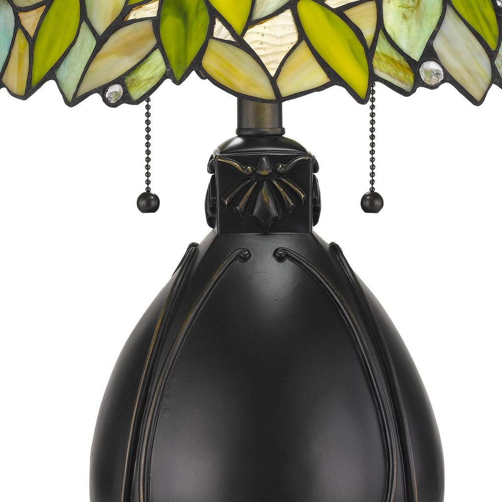 2 Bulb Tiffany Table Lamp with Leaf Design Glass Shade, Multicolor - View 3