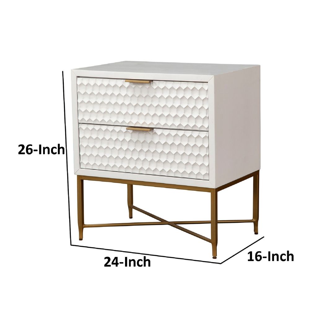 Rexi 26 Inch 2 Drawer Nightstand, Honeycomb, Mahogany Wood, White, Gold - View 5