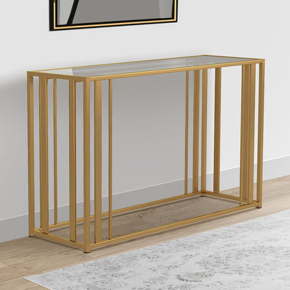 Glass Top Sofa Table with Metal Tubular Base, Brass - View 7