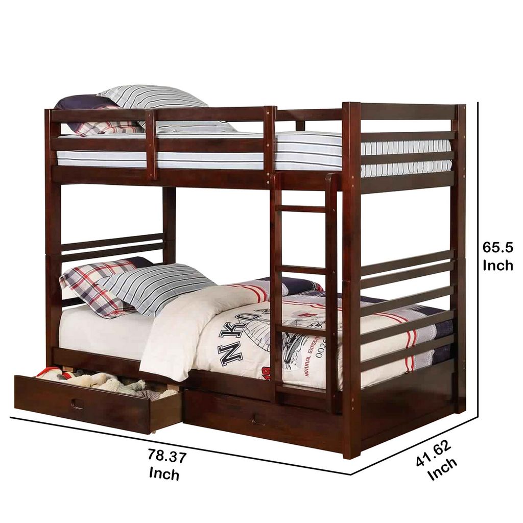 Transitional Twin Over Twin Bed with Attached Ladder and Drawers, Brown - View 5
