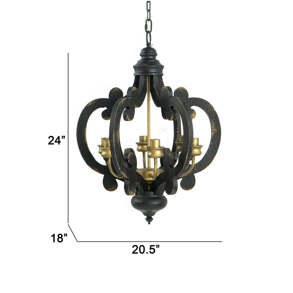 Aki 21 Inch Carved Wood Chandelier, 6 Lights, Vintage Classic, Black, Gold - View 5