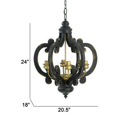 Aki 21 Inch Carved Wood Chandelier, 6 Lights, Vintage Classic, Black, Gold - View 5