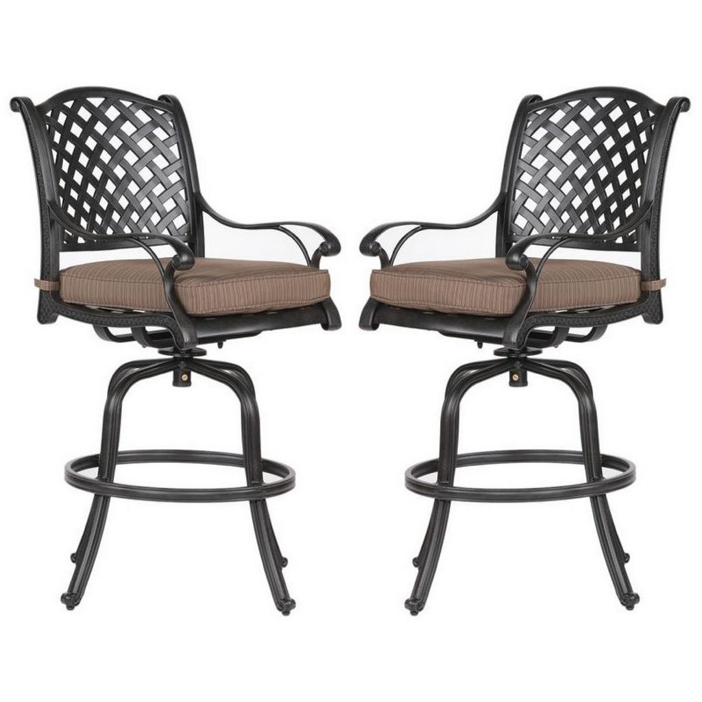 49 Inch Zoe Swivel Outdoor Bar Stool, Set of 2, Black and Brown