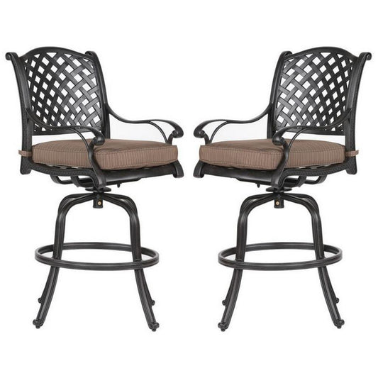 49 Inch Zoe Swivel Outdoor Bar Stool, Set of 2, Black and Brown