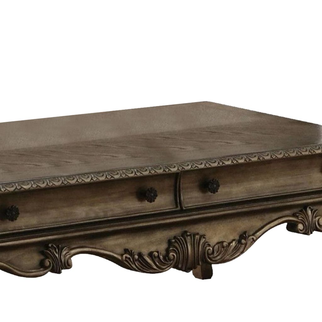 Wooden Rectangular Coffee Table with Cabriole Legs and Two Broad Drawers, Oak Brown - View 5