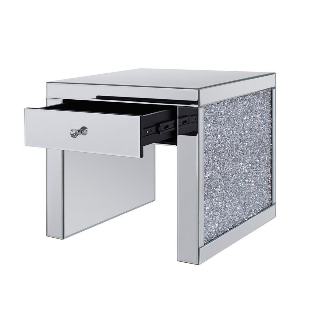 Wood and Mirror End Table with One Drawer, Clear - View 4