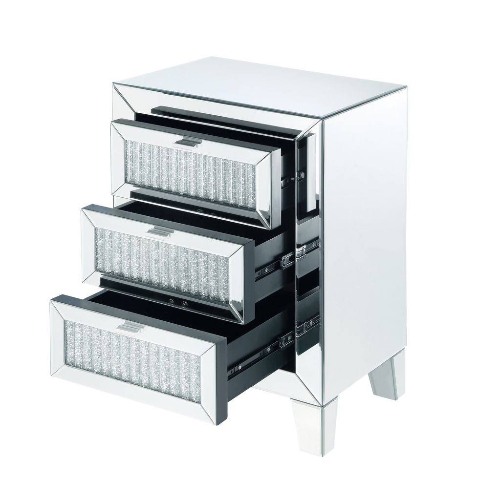 Contemporary Style Wooden Mirrored Night Table with 3 Drawers, Silver - View 3