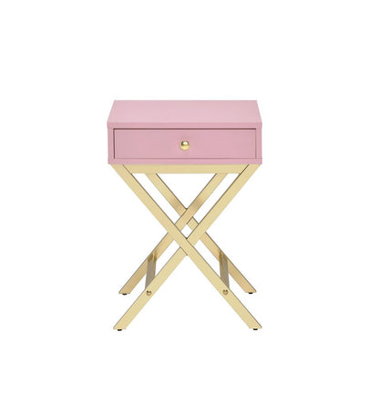 Wood and Metal Side Table with Crossed Base, Pink and Gold - View 4