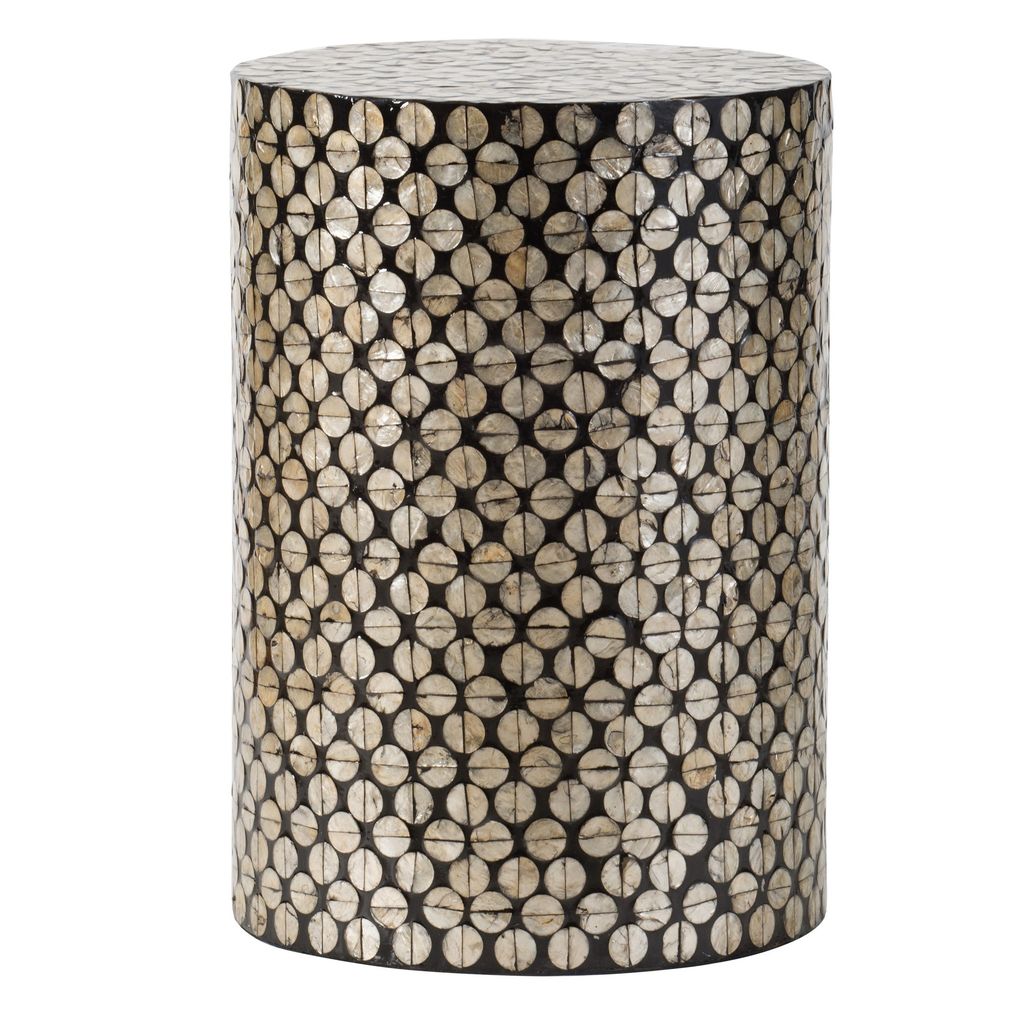 20 Inch Stool Table, Round Wood Design, Modern, Capiz Inlay, Black, White
