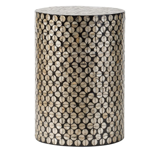 20 Inch Stool Table, Round Wood Design, Modern, Capiz Inlay, Black, White