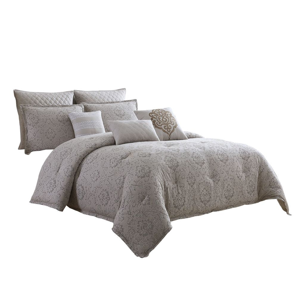 10 Piece King Cotton Comforter Set with Textured Floral Print, Gray