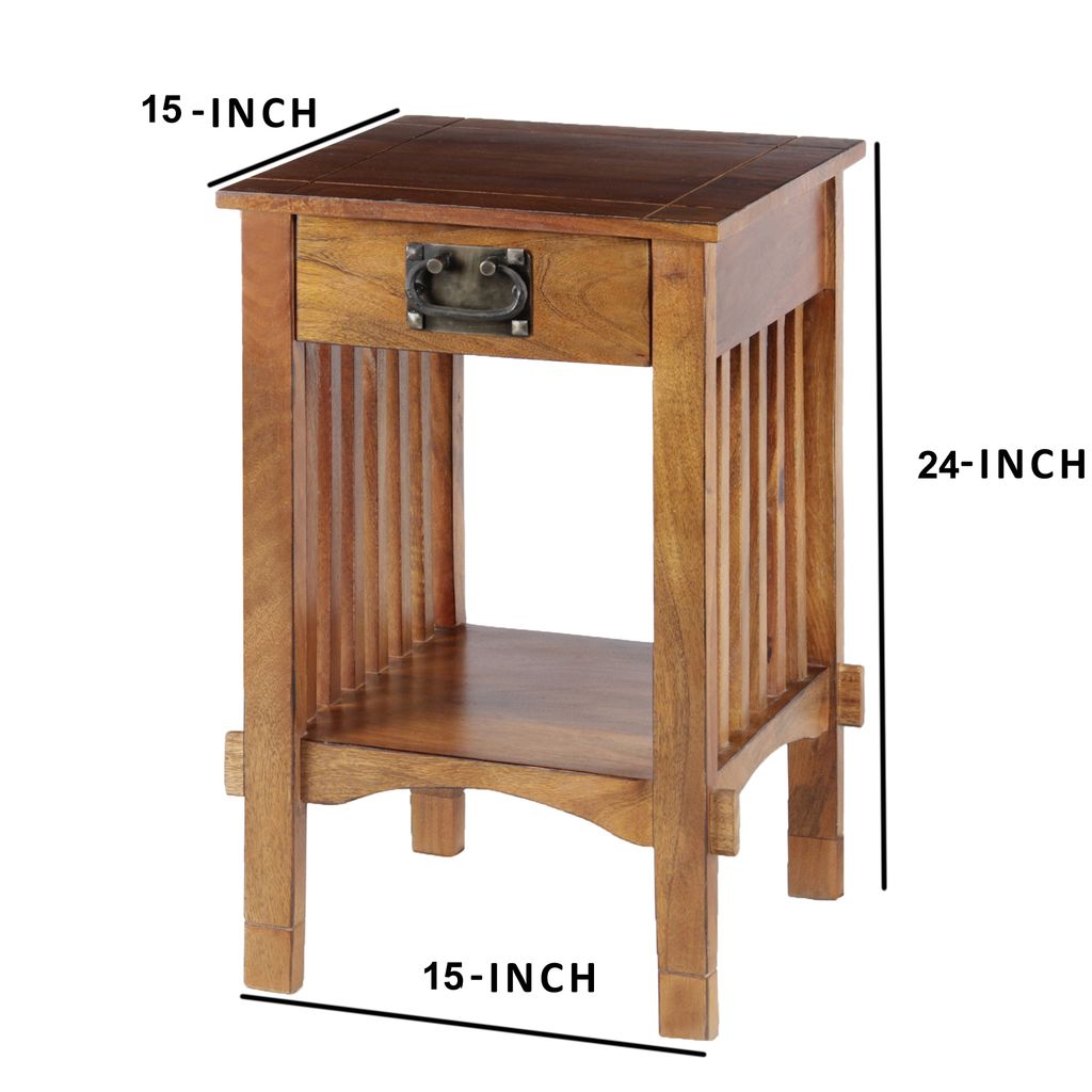 Spacious Mango Wood Telephone Stand with Slatted Side Panels, Brown - View 7