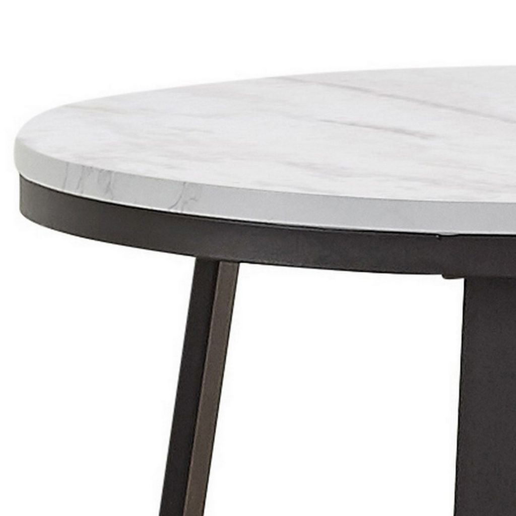 24 Inch End Table, White Faux Marble Round Top, Artisanal Metal Framework - View 2
