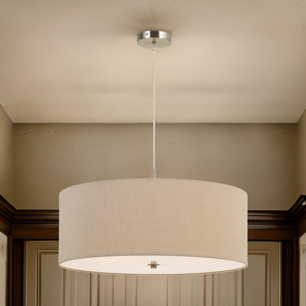 60W x 3 Drum Shade Pendant Fixture, Beige and Silver - View 7