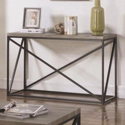 Industrial Style Minimal Sofa Table With Wooden Top And Metallic Base, Sonoma Gray