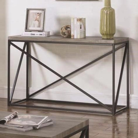 Industrial Style Minimal Sofa Table With Wooden Top And Metallic Base, Sonoma Gray
