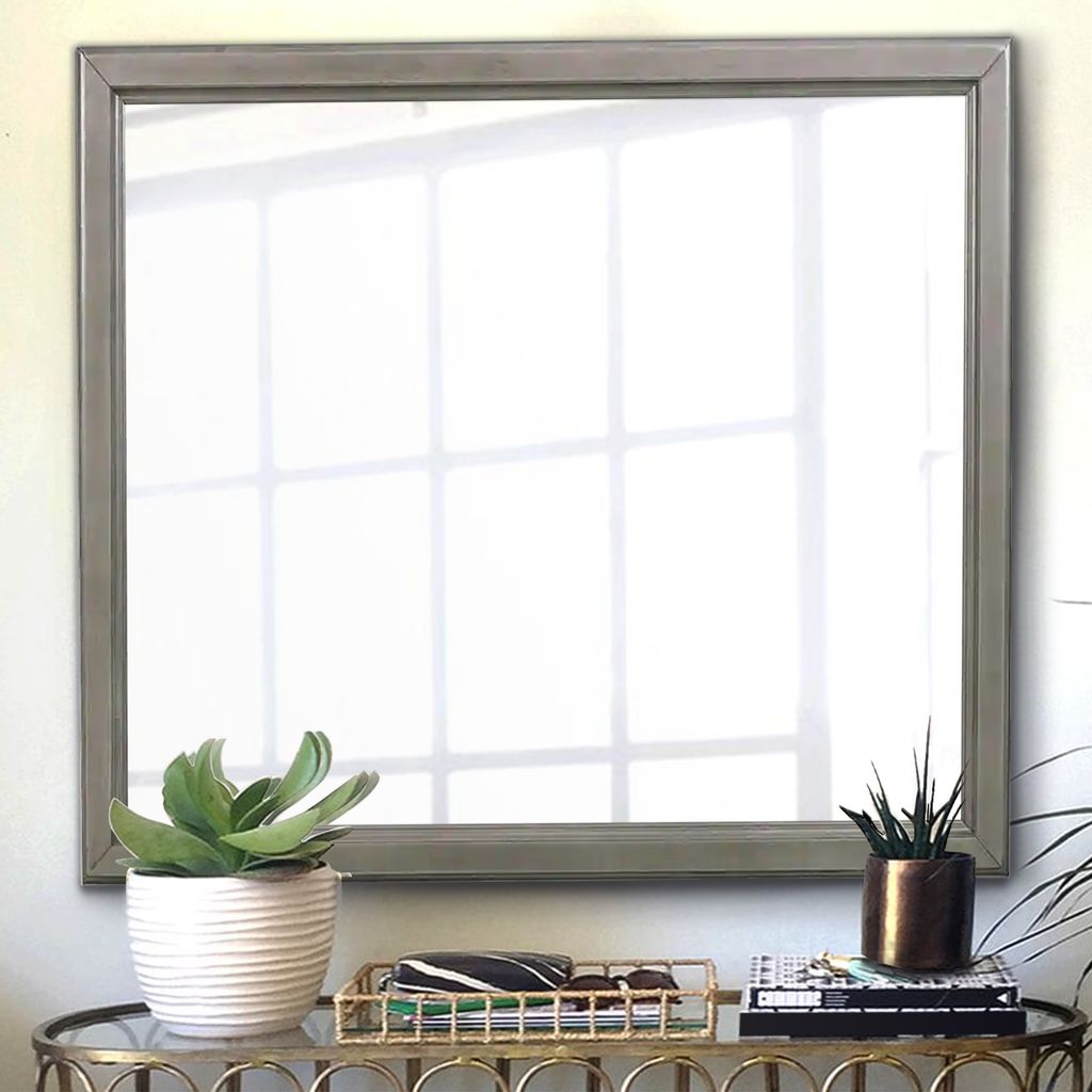 Wooden Square Mirror with Molded Details and Dual Texture, Gray - View 6