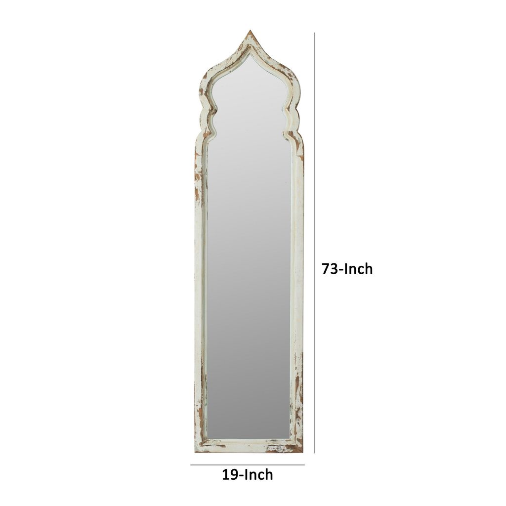 73 Inch Floor Mirror with Ornate Sculpted Top, Fir Wood, Weathered White - View 5