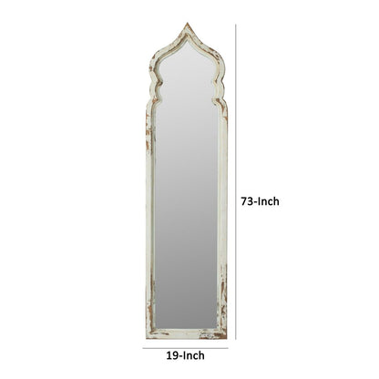 73 Inch Floor Mirror with Ornate Sculpted Top, Fir Wood, Weathered White - View 5