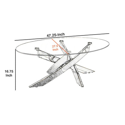 Oval Shape Glass Top Coffee Table with Criss Cross Base, Silver and Clear - View 6