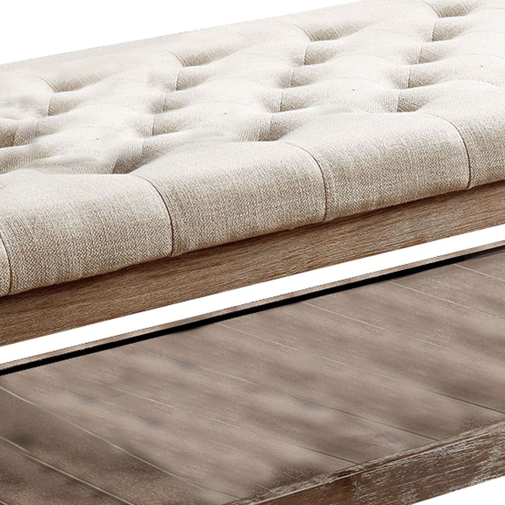 Button Tufted Fabric Upholstered Bench with Bottom Shelf, Beige and Brown - View 4