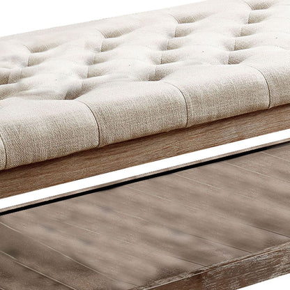 Button Tufted Fabric Upholstered Bench with Bottom Shelf, Beige and Brown - View 4