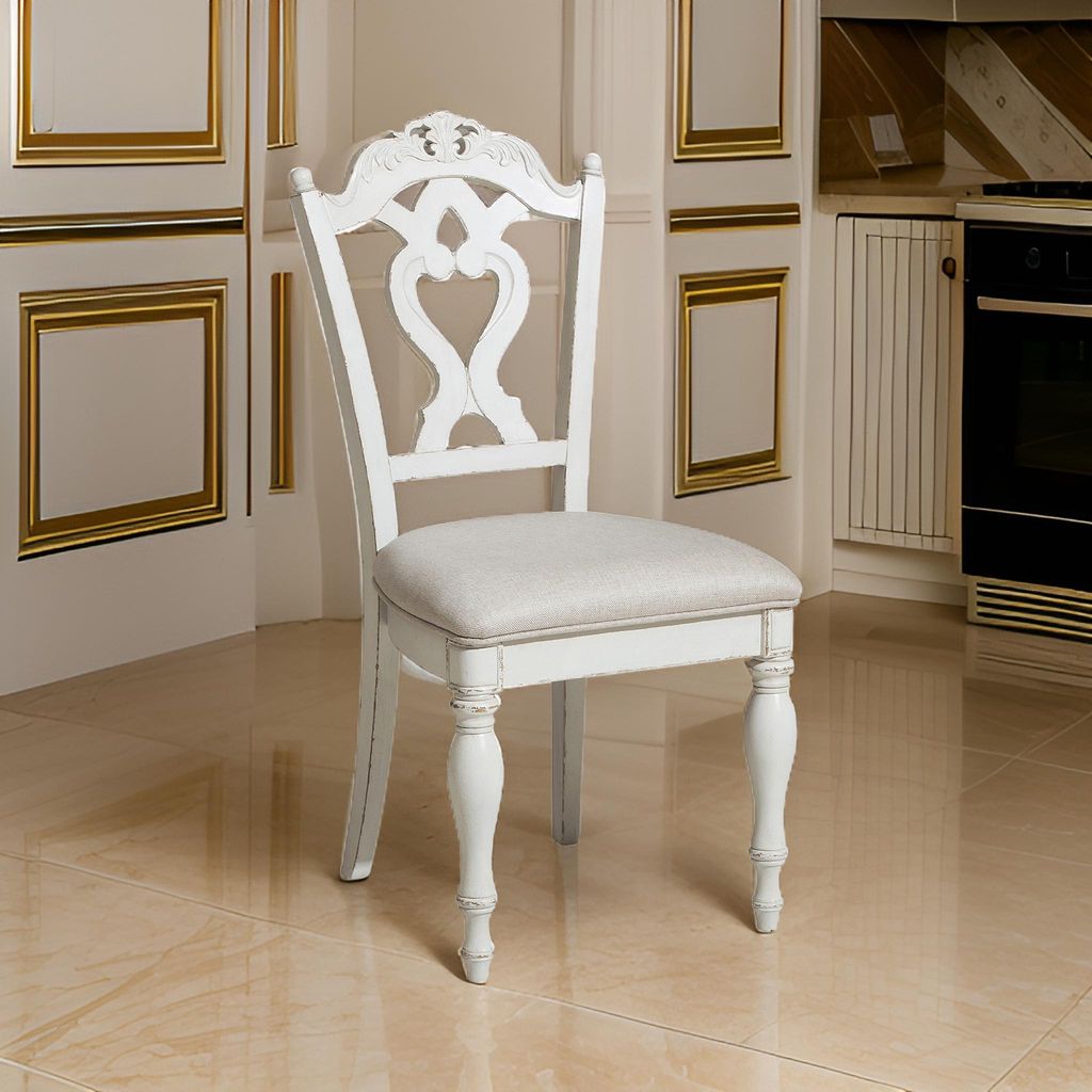 Victorian Style Writing Desk Chair with Engraved Backrest, Antique White - View 7