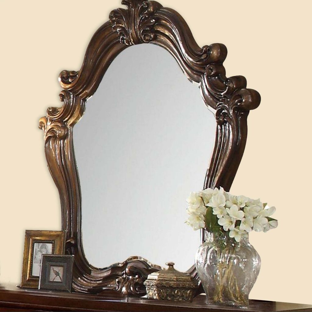 Scroll and Molded Wooden Mirror with Carved Details, Cherry Brown - View 7