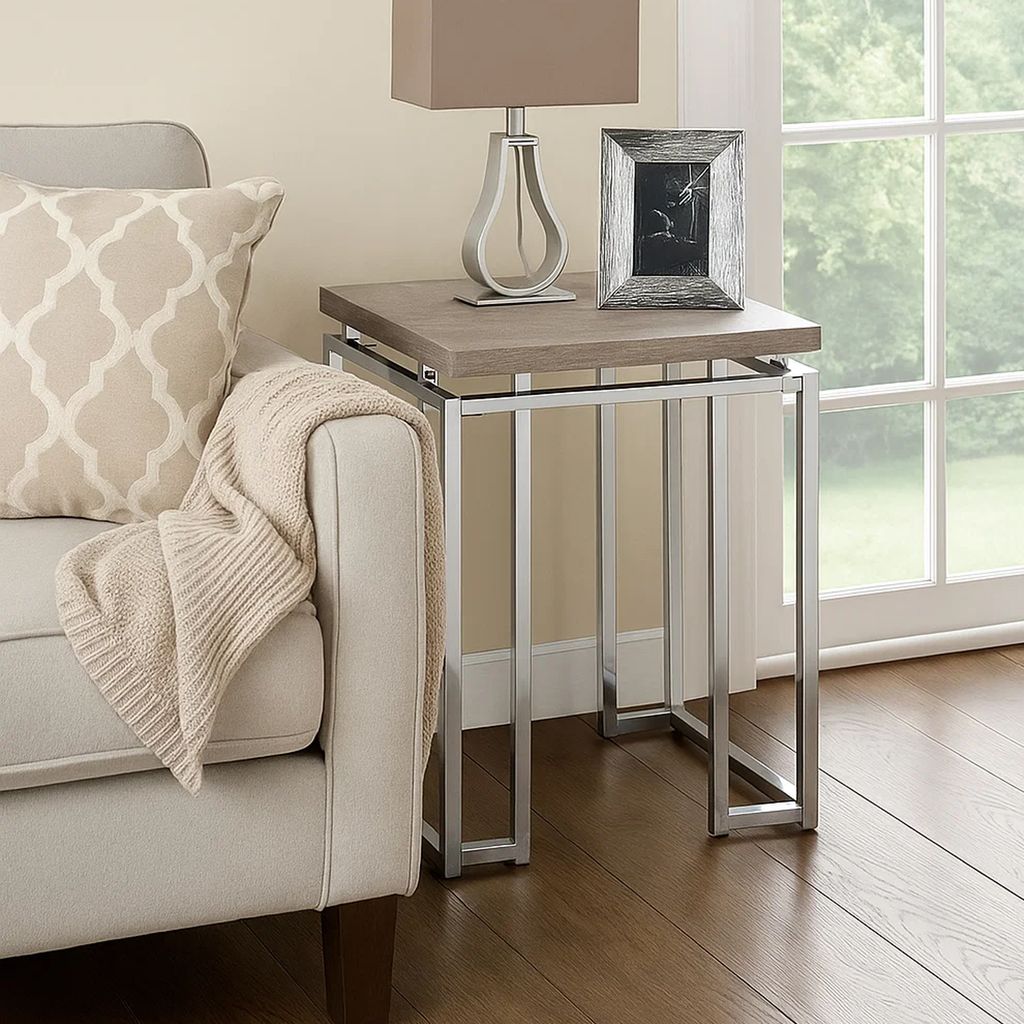 End Table with Rectangular Tabletop and Metal Legs, Silver and Brown - View 7