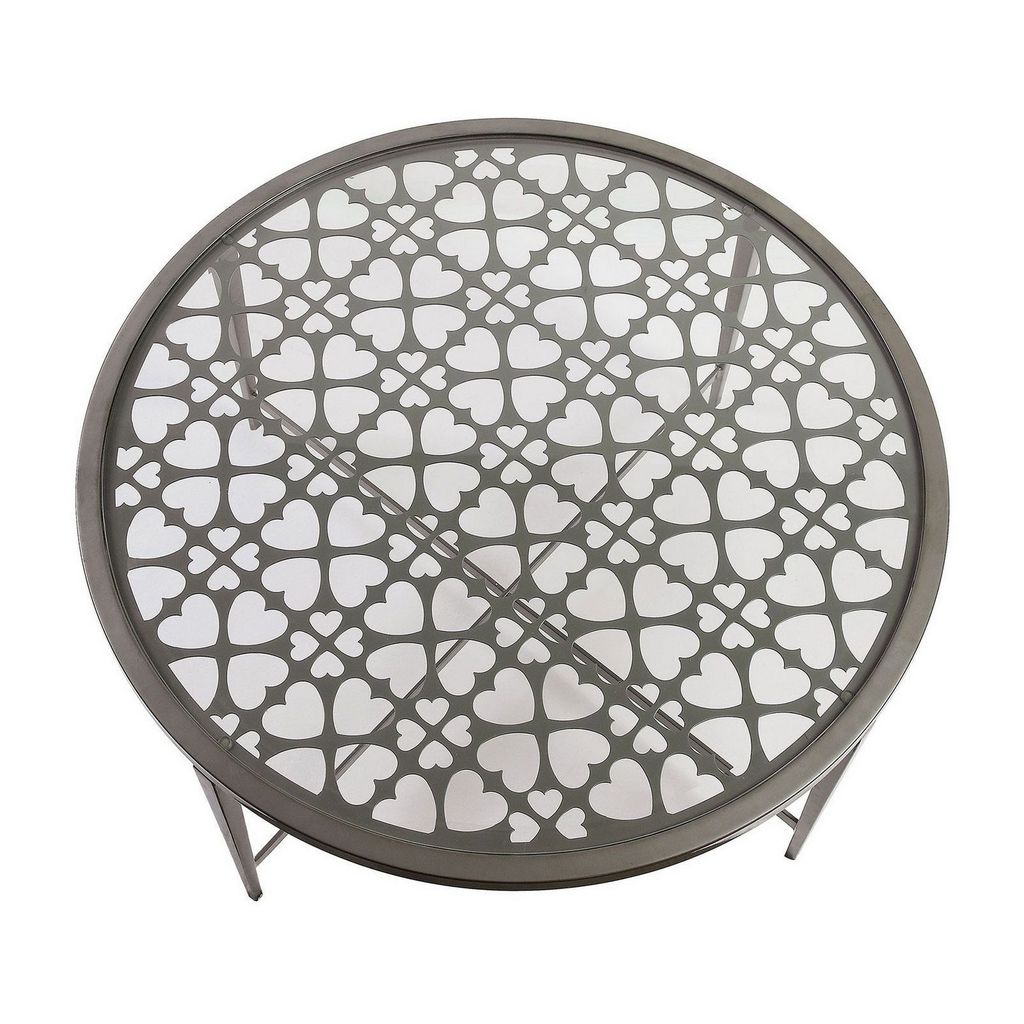 Round Glass Top Coffee Table with X Support Metal Base, Silver - View 3