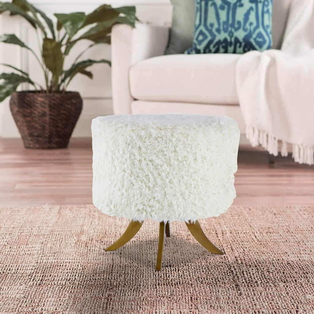 20 Inch Ottoman, Foam Filled, Shearling Fabric, Wood Frame, White, Brown - View 7