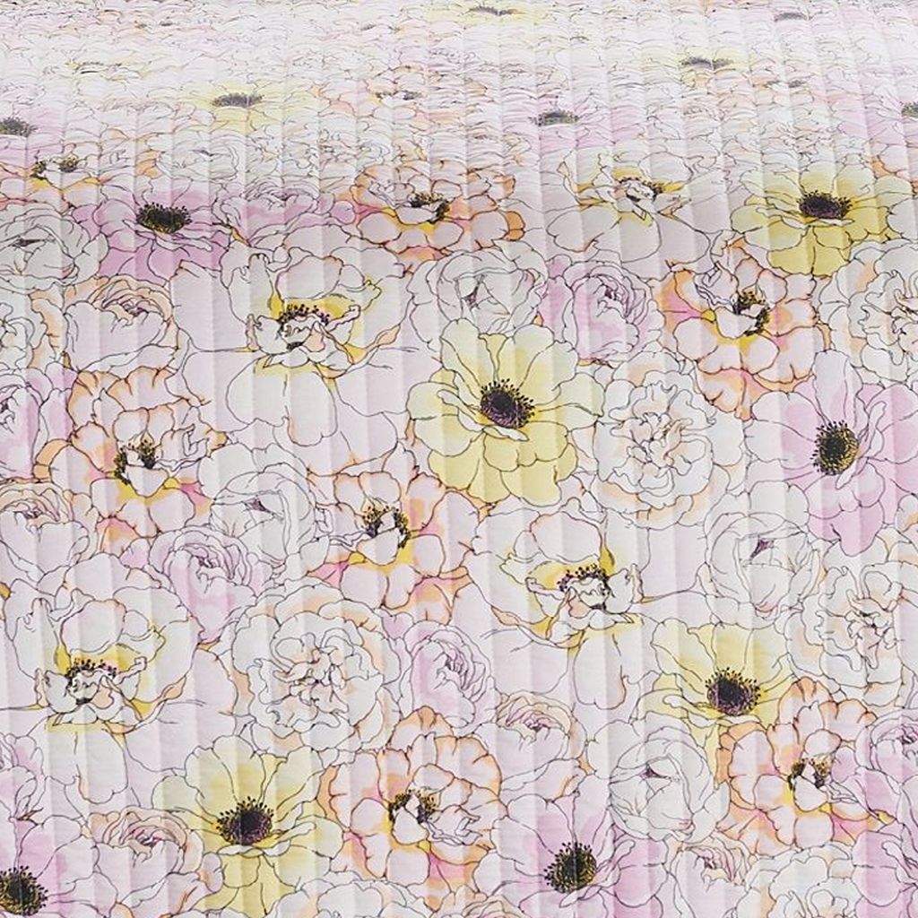 Milan 3 Piece Microfiber Blooming Flower Pattern Queen Quilt Set, White and Pink - View 2