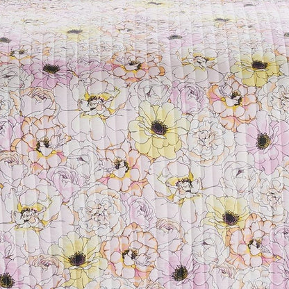 Milan 3 Piece Microfiber Blooming Flower Pattern Queen Quilt Set, White and Pink - View 2