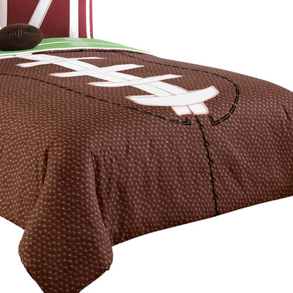 5 Piece Twin Comforter Set with Football Field Print, Brown and Green - View 2