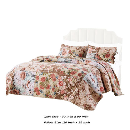 Rome 3 Piece Microfiber Reversible Floral Print Queen Quilt Set, Multicolor - View 5