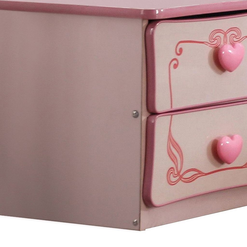 2 Drawer Wooden Nightstand with Heart Knob Pulls, Pink - View 4
