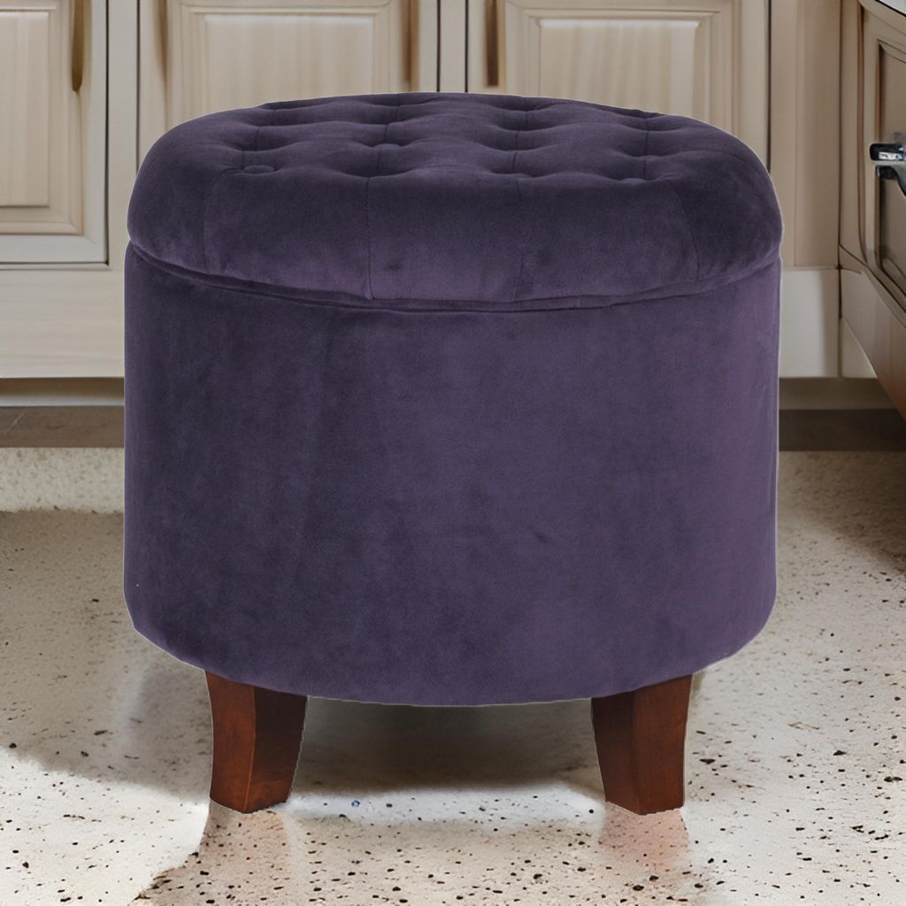 Button Tufted Velvet Upholstered Wooden Ottoman with Hidden Storage, Purple and Brown - View 7