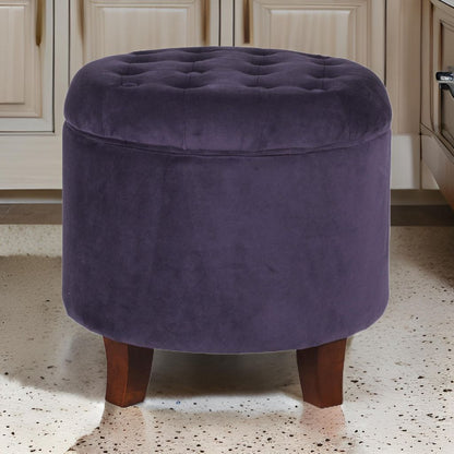 Button Tufted Velvet Upholstered Wooden Ottoman with Hidden Storage, Purple and Brown - View 7