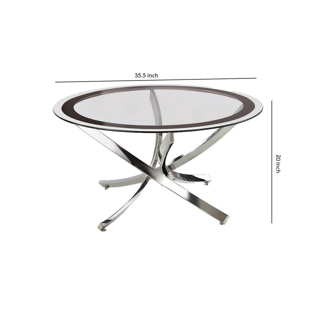 Round Tempered Glass Top Coffee Table with Metal Legs, Silver and Clear - View 6
