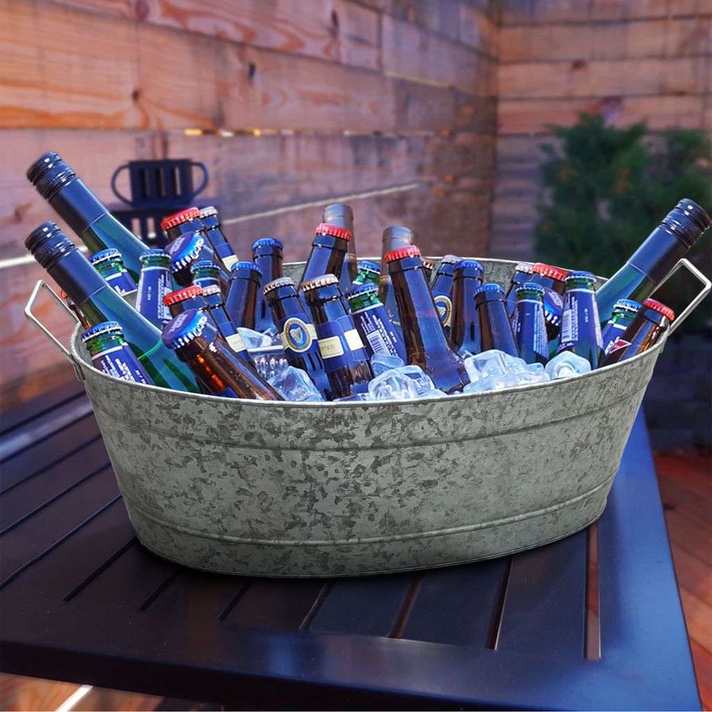 Thea Embossed Design Oval Shape Galvanized Steel Tub with Side Handles, Large, Silver - View 5