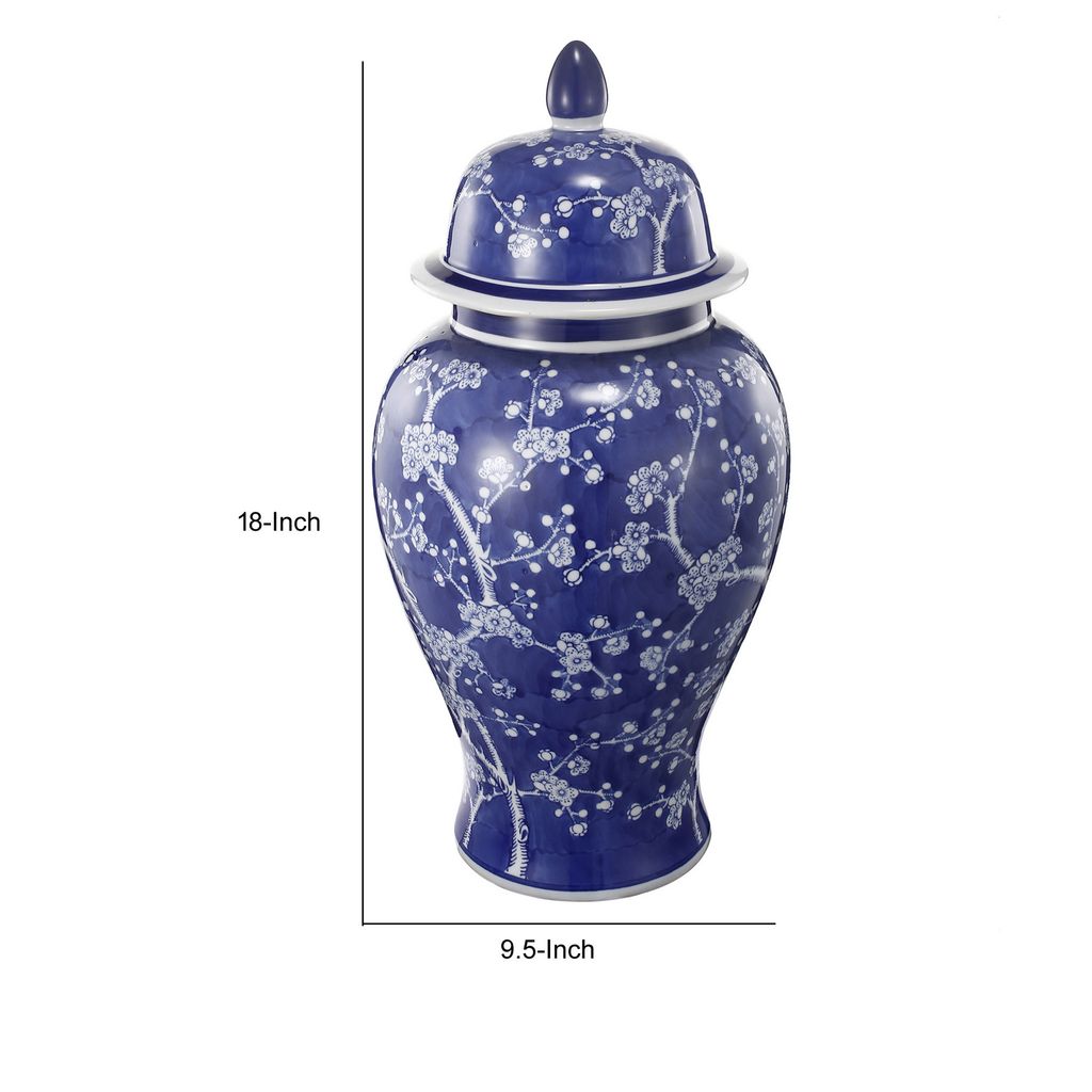 18 Inch Porcelain Ginger Jar, Finial Lid and Round Curved, Blue Flowers - View 5