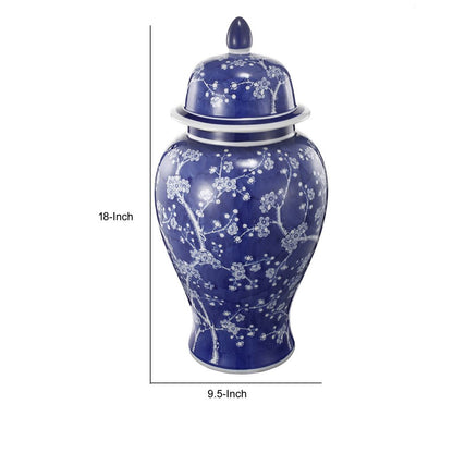 18 Inch Porcelain Ginger Jar, Finial Lid and Round Curved, Blue Flowers - View 5