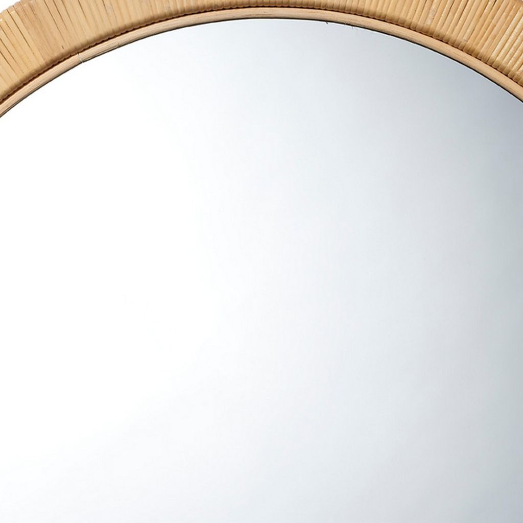 36 Inch Coastal Style Round Mirror, Hand Woven Rattan Frame, Glass, Brown - View 3